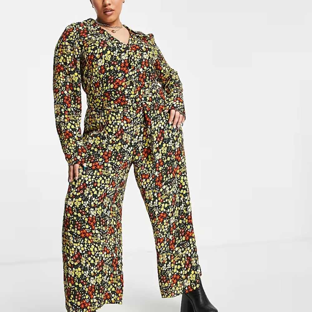 ASOS Design Crepe 70s Collar Belted Tea Jumpsuit in Mustard Floral
